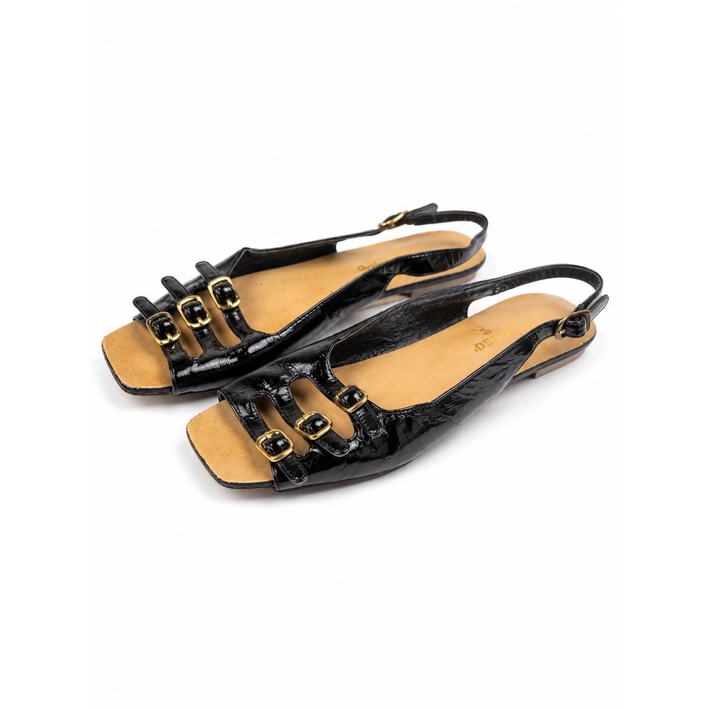 Dollhouse Black Patent Slingback Strappy Flat Sandals Women's Size 7.5